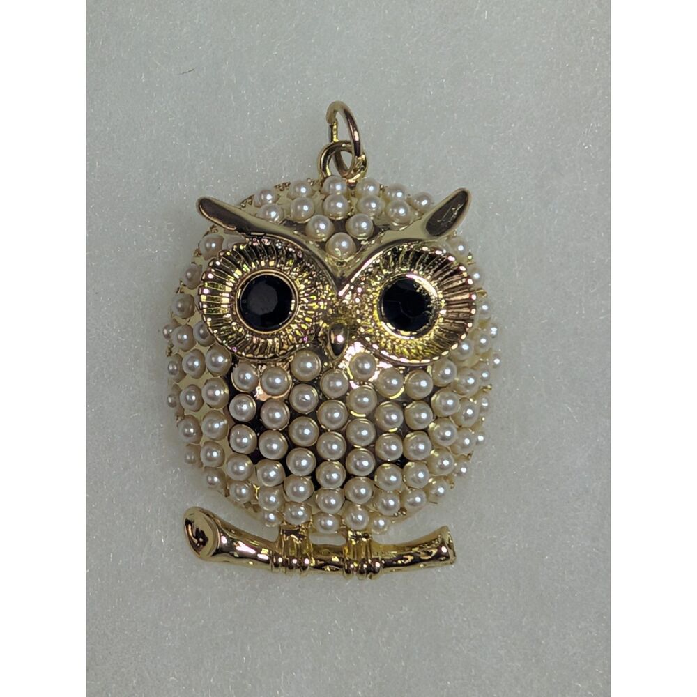 Retro Gold Pearl Beaded Owl on Branch Pendant - Large Boho Costume Jewelry Charm